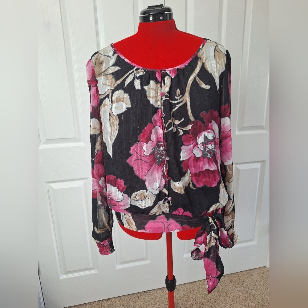 Floral Women's Top - Black and Pink Side Tie Bubble Hem